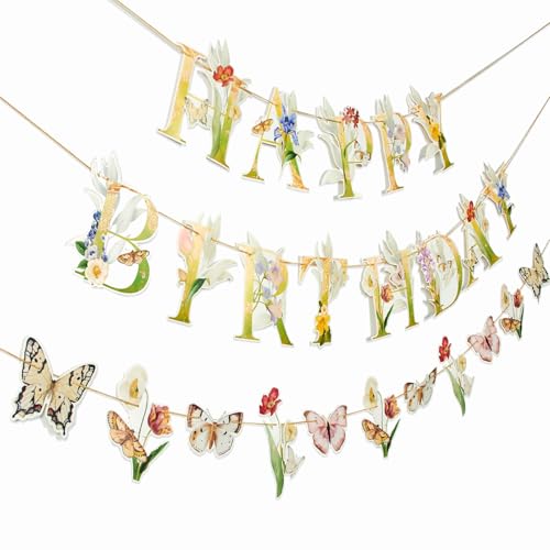 SUNBEAUTY Wildflower Butterfly Happy Birthday Banner Spring Floral Birthday Decorations Pre-Strung Butterfly Flower Garden Decor for Girls Women Baby Shower Wedding Tea Party