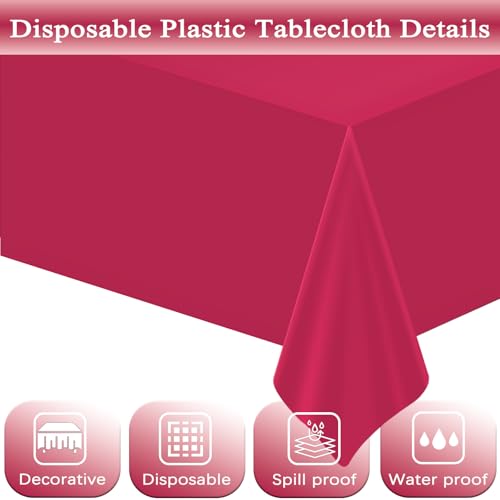 Image of WNINK 6 Pack Bright Red Plastic Tablecloth Disposable Table Covers 54 inch x 108 inch Table Cloths for Bridal Shower Engagement Wedding Birthday Picnic Parties