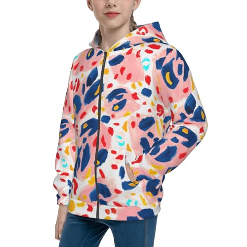 Hand Painted Abstract Leopard Print Kids Pullover Hoodies Boys Zip Up Sweatshirts Girls Athletic Clothes with Pocket