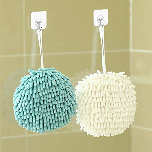 Zapikic Hand Towels For Bathroom Decorative Set, 2 Packs White And Blue Chenille Hanging Hand Towel Ball Microfiber Absorbent Soft Bath Towel With Loop For Powder Room Or Kitchen Washstand #TOP4