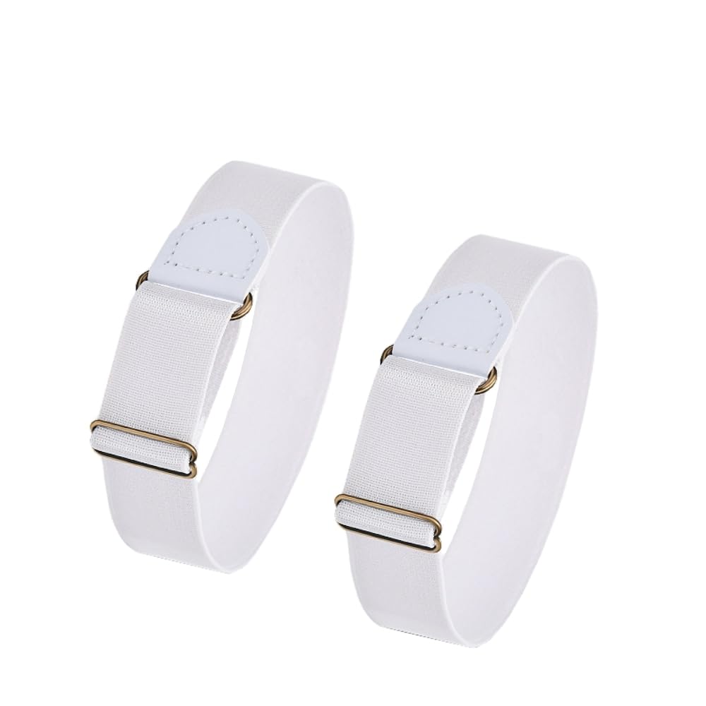 WannGe Unisex 2.5cm Elastic Adjustable Armbands with Non-Slip Shirt Sleeve Clips 1" Anti-Slip Adjustable Hold Up Sleeve Garters, White with Leather Edge, 1 pair