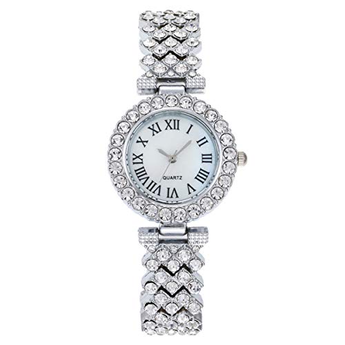 Elegant Diamond-Studded Quartz Watch Set with Roman Numerals for Women - Silver Dress Wristwatch - Image 3