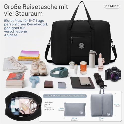 SPAHER Reisetasche 55x40x20 Handgepäck Tasche Ryanair Handgepäck 55x40x20 Tasche Flugzeug Groß Leichter Flugzeug Organizer Duffle Bag 45L Packbare Holdall Handtasche für Herren und Damen Schwarz