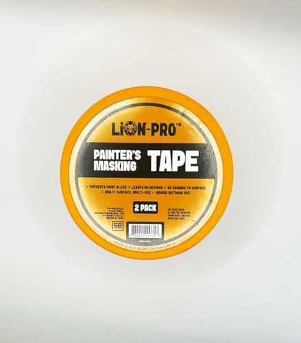 Image of Lion-Pro Painter's Masking Tape, 2 Inch Wide (2 in. x 55 Yds), Professional-Grade, High Adhesion, Ideal for Multi-Surface Use, 2 Rolls (2, Chrome Yellow, 2 INCH)