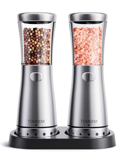 Moulins à sel et à poivre électriques 2e set en acier inoxydable (rechargeable, éclairage LED, avec broyeur en céramique réglable, brosse de nettoyage)...