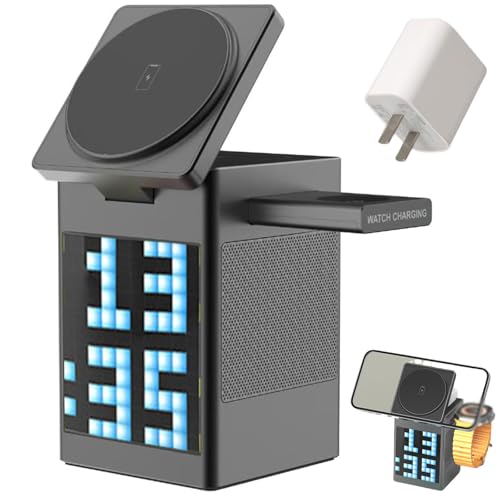 ronsalo PixelCharge 3-in-1 Bluetooth Speaker with Wireless Charger, Bluetooth Speaker with Alarm Clock, Multifunctional Magnetic Charging Station with Display, for iPhone, for Home & Office (Black)