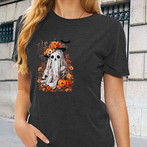 Halloween Shirts Women Spooky Ghost Autumn Pumpkin T-Shirt Funny Flower Ghost Graphic Tee Tops4