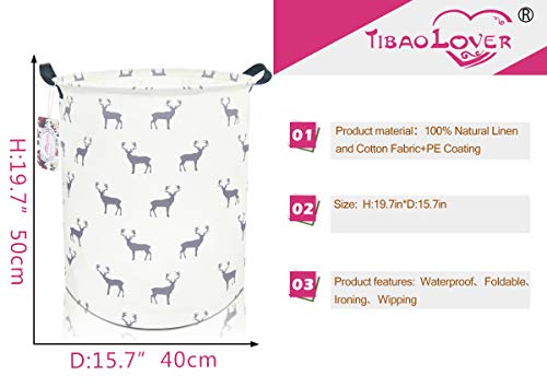 TIBAOLOVER 19.7" Large Sized Waterproof Foldable Laundry Hamper Bucket,Dirty Clothes Laundry Basket, Bin Storage Organizer for Toy Collection,Canvas Storage Basket (Gray Deer)