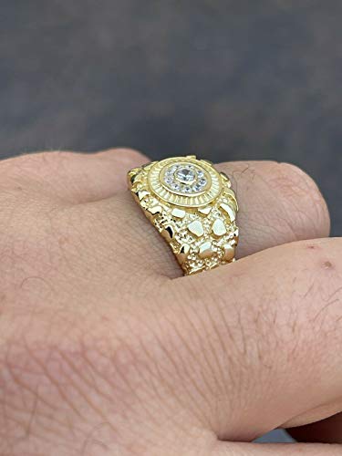 Men's Nugget Ring - Solid 925 Sterling Silver Ring - Iced Micropave Cluster Ring - 14k Yellow Gold Finish - Sizes 6-134