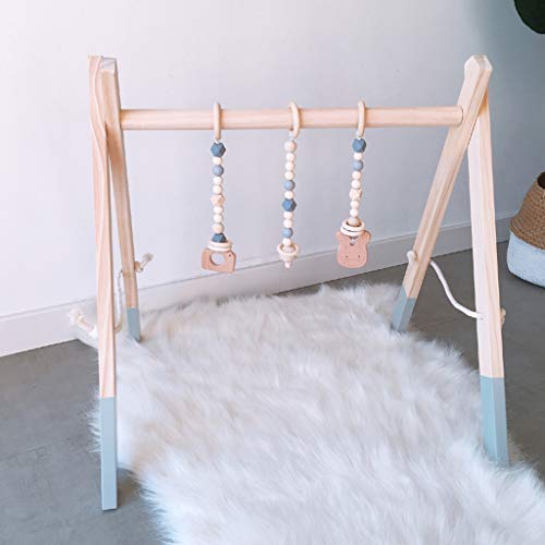Lunji Portique d'éveil Activités en Bois Style Scandinave + 3pcs Hochets a Suspendre Jouet de Dentition Bébé Cadeau Naissance (Gris)