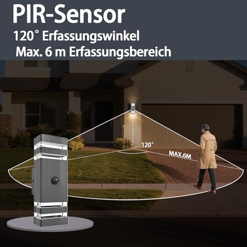 JNR LED Außenlampe mit PIR Bewegungsmelder, IP54 Up Down Wasserdichte Außenleuchte mit Bewegungsmelder 230V, Aussenlampe inkl. 2x5W GU10 3000K Warmweiß Glühbirne, Wandleuchte, Anthrazit Grau