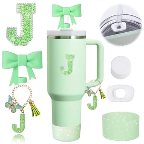 6PCS Green Stanley Cup Accessories Set for Stanley Cup 30 40oz Tumbler with Handle, Including Silicone Bow Straw Covers Cap, Spill Proof Stopper, Glitter Silicone Boot, Handle Charm, letter Patch (J) Cover