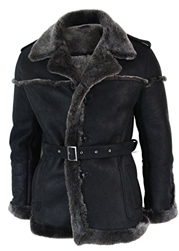 Infinity Leather Mens Double Breasted Real Sherling Navy Captain Sheepskin Jacket Belted Grey Black3