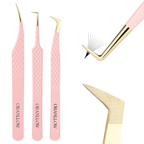 Oranllow Lash Tweezers Set for Eyelash Extensions - 3 Precision Fiber Tip Diamond Grip Volume L-shape Boot 90 Degree Lash Tweezers for Volume Classic Lashes Premade Fans (3)