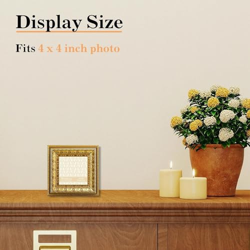 Image of VIOLABBEY 4x4 Picture Frame Gold Set of 2, Vintage Photo Frame | Small Antique Ornate Frame, Square Frame for Wall or Tabletop Display,Classic Design for Home Office Decor