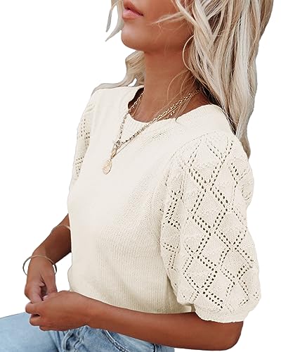 Image of Womens Short Sleeve Sweaters Crewneck Knit Pullover Tops 2025 Summer Casual Lightweight Crochet Blouse Shirt