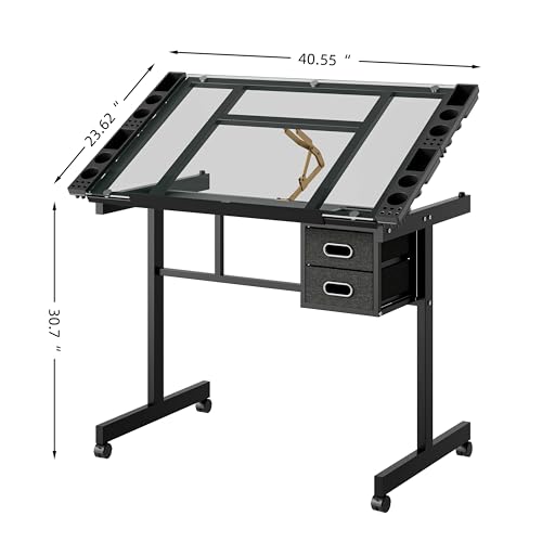 ALYIAMXL Rolling Drafting Table on Wheels, Painting Table Art Craft Desk Crafting Table with Tilting Transparent Tempered Glass Top, 2 Fabric Storage Drawers and 4 Wheels (Black) - Thumbnail 2