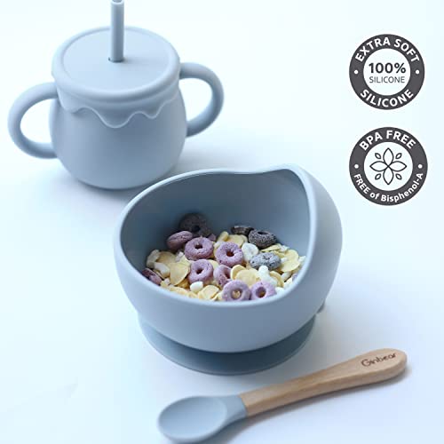 Ginbear Baby Bowls With Suction First Stage, Baby Boy Silicone Bibs, Baby Feeding Spoons, Baby Led Weaning Supplies For Ages 6 Months+ (Dusty Blue) #TOP3