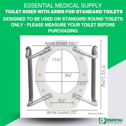 Essential Medical Supply Raised Elevated Toilet Seat Riser for a Standard Round Toilet with Padded Aluminum Arms for Support and Compatible with Existing Seat, Standard, 17.5 x 13.5 x 3.5 Inch