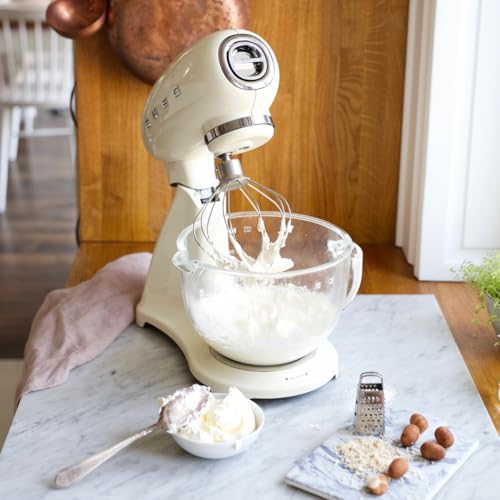 Image of SMEG SMF03 Stand Mixer - 5 Qt Tilt-Head Mixer with Stainless Steel Bowl, 10 Speeds, Retro 50s Vintage Style - Cream