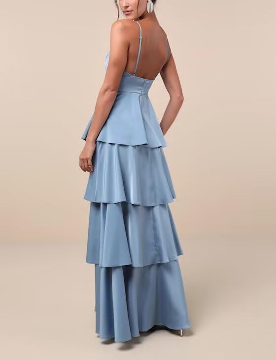 Spaghetti Straps V-Neck Bridesmaid Dresses for Wedding Ruffle Pleated Satin Tiered Formal Party Evening Gowns3