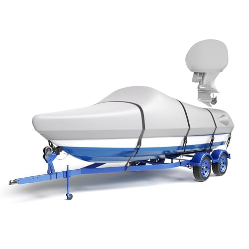 LumiCalyx Waterproof Boat Cover 14-16 ft, Heavy Duty Marine Grade Trailerable Boat Cover for Bass Boat,V-Hull,Fish & Ski, Fits Beam Width up to 68", All Weather Protection with Straps,Grey