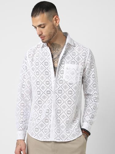 Image of VASTRADO Mens White Crochet Shirt | 100% Polyester, Lightweight & Breathable Fabric | Point Collar, Full Sleeves, Patch Pocket, Button Cuffs, Curved Hem | Casual & Versatile Style