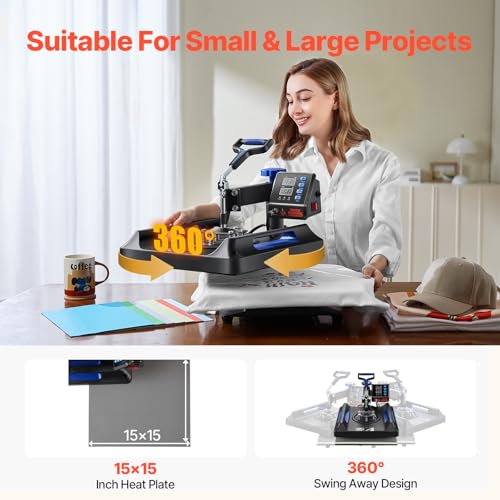 Image of VEVOR 8 in 1 Heat Press Machine 15x15 Inch, 360 Swing Away Shirt Press Machine - Digital Professional Heat Transfer Tshirt Press Machine, Sublimation Heat Press for T Shirts Hat Cap Mug Plate Blue | For T Shirts Hat Cap Mug Plate, Digital, Fast and Even Heating, for Sublimation, Vinyl, and Heat Transfer Projects, Blue