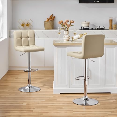 Image of Yaheetech Bar Stools Set of 2, Adjustable PU Leather Swivel Barstools, Modern Counter Stools with Back and Footrest for Bar, Kitchen, Dining Room, Khaki