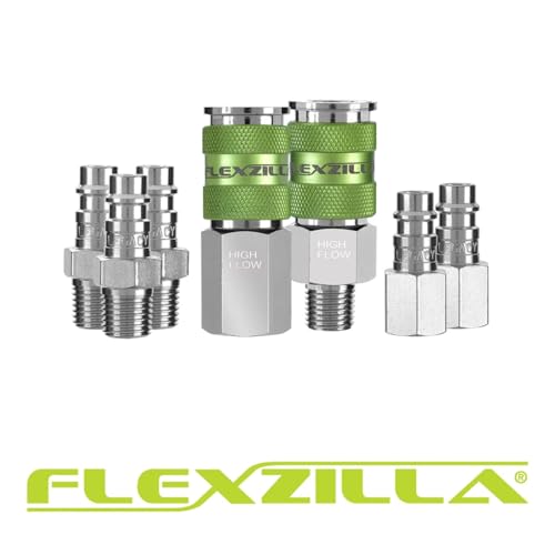 Image of Flexzilla A53457FZ Pro High Flow Coupler & Plug Ki 7 Piece | 1 /4 inch NPT | Push to Connect System | Allows Twice the Flow to Your Air Tools | Maximum Efficiency