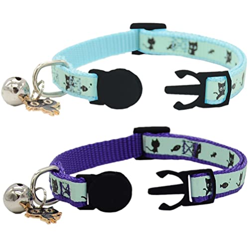 Image of 2 Pack Glow in The Dark Cat Collar with Bell Breakaway Safety Cat Puppy Collars with Pendant Purple and Light Blue