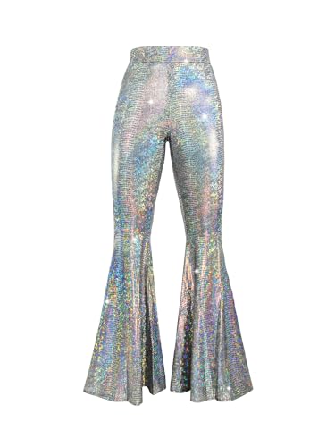 Womens Sequin Flare Pant Sparkly High Waisted Leg Bell Bottom Glitter Trousers Night Out Clubwear2