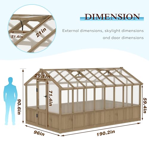Image of MUPATER 8 x 16 FT Wooden Greenhouse for Outdoor, Heavy Duty Greenhouse Kit with Window Vent and Lockable Door, Walk-in Green Houses for Patio, Garden, Backyard and Lawn, Brown