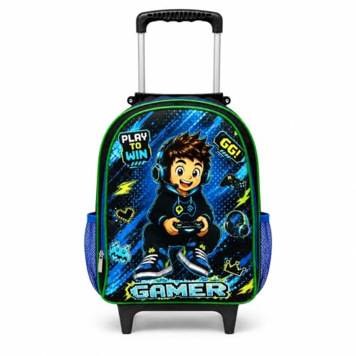 Mochila Escolar Infantil de Rodinhas Gamer Masculina Grande Reforçada