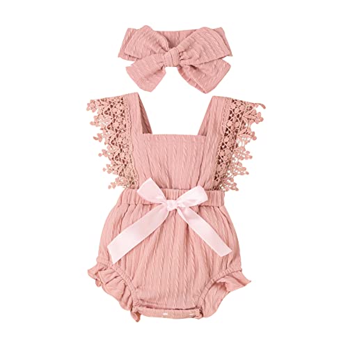 Image of MERSARIPHY Baby Girl Summer Outfit Boho Clothes Newborn Infant Ruffle Pleated Ribbed Bubble Boho Lace Bodysuit Jumpsuit