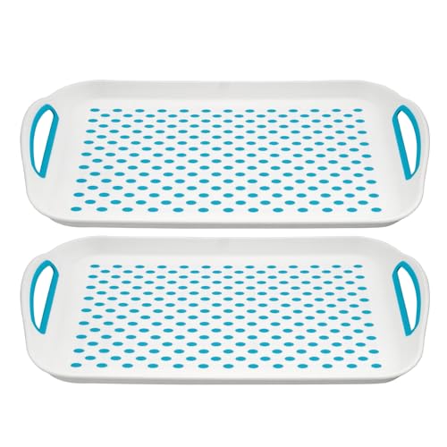 Bandeja antideslizante para servir rectangular, bandeja de plástico superior antideslizante, superficie de goma de agarre fuerte, bandeja resistente para cena/bebidas (azul, paquete de 2)