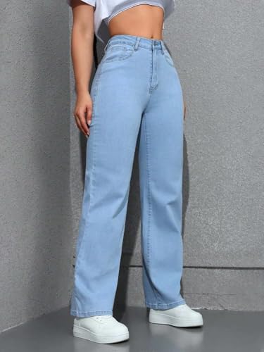 Image of KOTTY Women's High Rise Wide Leg Jeans|Cotton Blend Straight Fit Denim|Trendy Comfortable Casual Wear