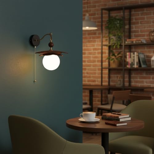 Aplique de pared nórdico E27 con globo de vidrio esmerilado y brazo de madera 3