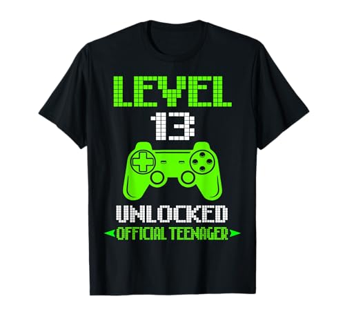 T-shirt oficial Teenager 13th Birthday Boy Shirt Level 13 Unlocked, Preto, S