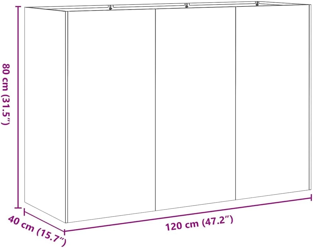 Diagram showing the dimensions of the vidaXL planter: 120 cm length, 40 cm width, 80 cm height