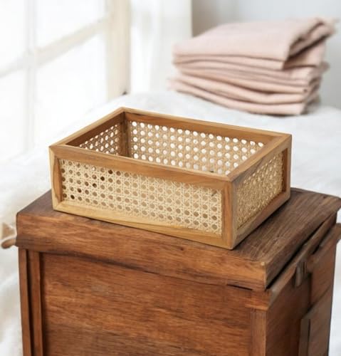 Image of Ikari Homes Rattan Rectangular Mesh Basket For Wardrobe Storage & Decorative Organiser I Handcrafted Premium Teak Wood & Rattan I Modular Storage Basket - Size 12 X 8 X 4 Inch