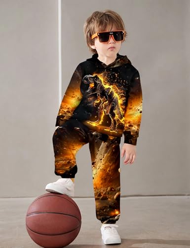 Image of Boys Clothes, T-Rex Print Dinosaur Boy Clothes Fall Winter Outfits Long-sleeved Hooded Sweatshirt Pants 2Pcs Set