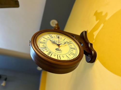 Image of Victorian Style Double-Sided Wall Clock with Bracket, Antique Farmhouse Design, Roman Numerals, Silent Quartz Movement, Light Brown (Brown)
