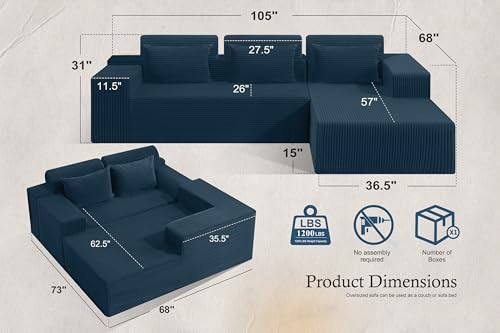 Image of HABUTWAY Sectional Couches for Living Room,No Assembly L Shaped Couch 105 inch Modular Sectional Sofa Couch with Deep Seat,Cloud Couches Furniture Sets for Apartment,Corduroy (Blue, Right Facing)