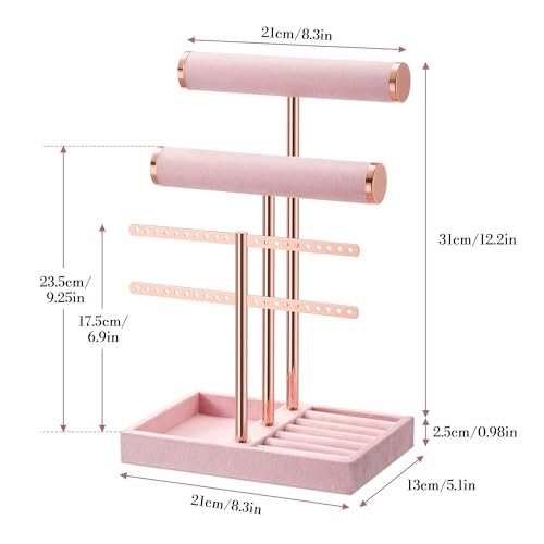Image of Jewelry Organizer Stand for Necklaces, Bracelets, Earrings, Rings, Pink | 3 Tier Velvet Bracelet Holder Display | Jewelry Organizers and Storage | Jewelry Tree | Jewelry Towers
