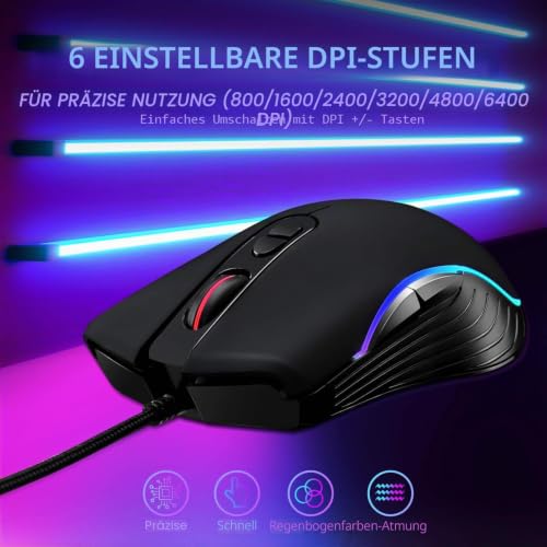 LYCANDER LMC380 Gaming-Maus, kabelgebunden, Optische USB-Mäuse mit Einstellbarer Dpi, bis zu 6400, 7 Tasten, LED, 1, 5 m Kabel – Ansicht 4