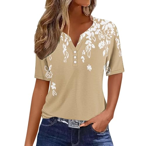 Ceboyel Women Floral Boho Summer Tops 2024 Short Sleeve Henley Shirts V Neck Blouses Tunic Trendy Fashion Vacation Clothes Plus Size Blouses for Women Khaki M