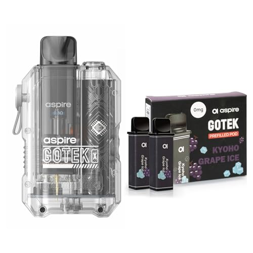 【正規品】電子タバコ Aspire Gotek X スターターキット + 充填済みカートリッジ(1箱) ベイプ 650mah バッテリー ニコチンなしタバコなし (キット(透明), 巨峰pod)