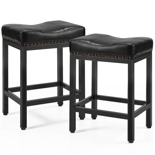 Image of 24 Inch Bar Stools Set of 2, PU Leather Counter Height Stools | Upholstered Modern Saddle Barstools with Metal Base and Footrest for Home Bar, Small Apartment, Black