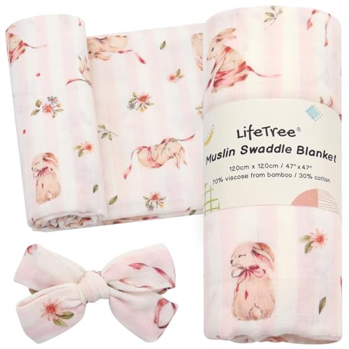 Image of LifeTree Baby Muslin Swaddle Blankets for Boys & Girls, Newborn Swaddle Set with Matching Headband Bow, Infant Blanket Wrap, 47 x 47 inches, Bow Rabbit, 70% Viscose from Bamboo and 30% Cotton